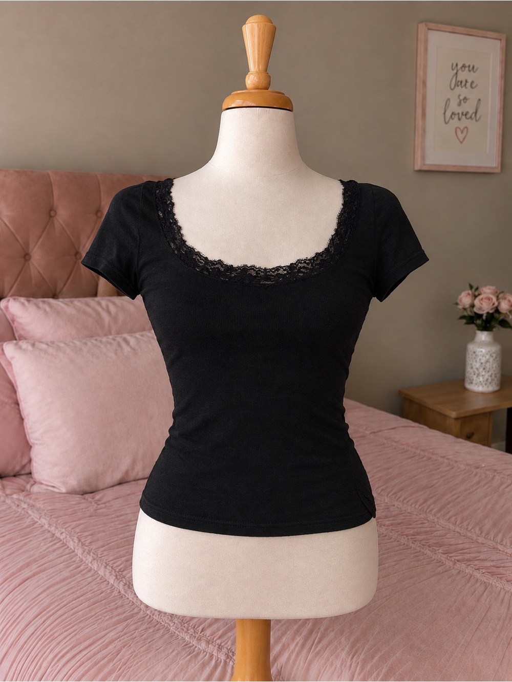 & Other Stories Black Lace-Trim Short Sleeve Scoop Top